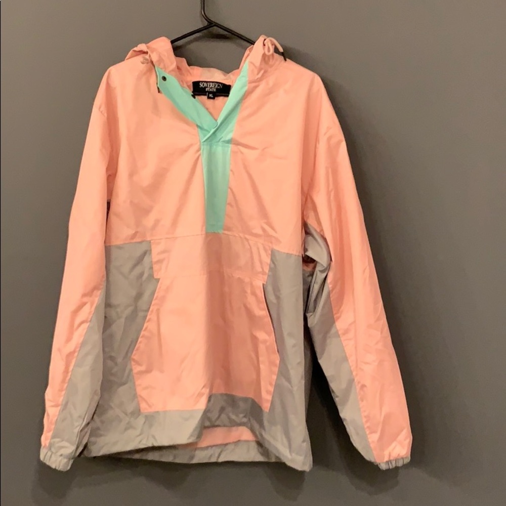 Coral, mint green and grey rain pullover